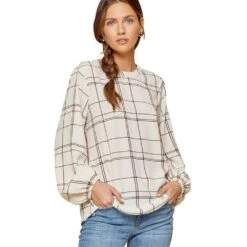 Andrée Women's Mocha Plaid Printed Blouse