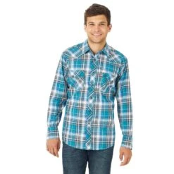Wrangler Men's Retro Teal Plaid Two Pocket Snap Shirt