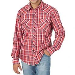 Wrangler Men's Long Sleeve Red Plaid Snap Shirt