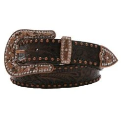 3-D Ladies 1 1/2in Brown Floral Belt With Bronze Studs