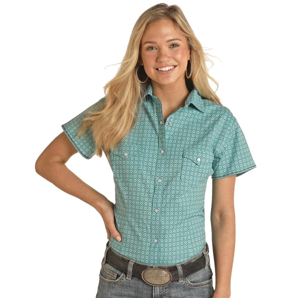 Panhandle Womens Short Sleeve Medallion Print Snap Shirt