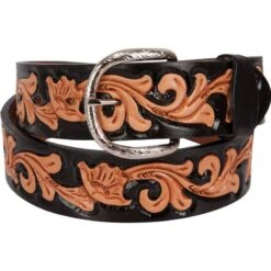 Double J Hand-Tooled Floral Black Dyed Belt