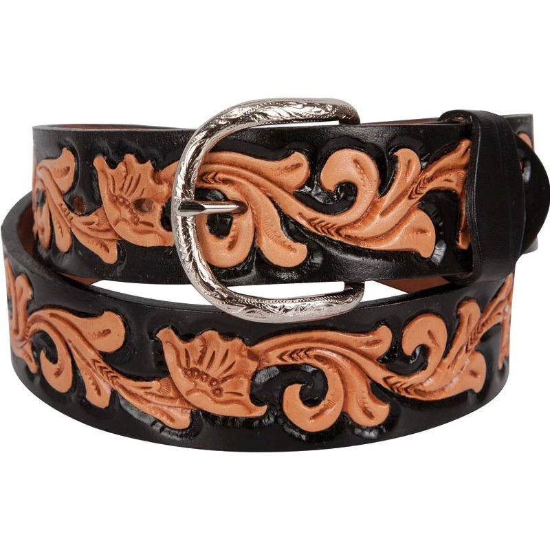 Double J Hand-Tooled Floral Black Dyed Belt